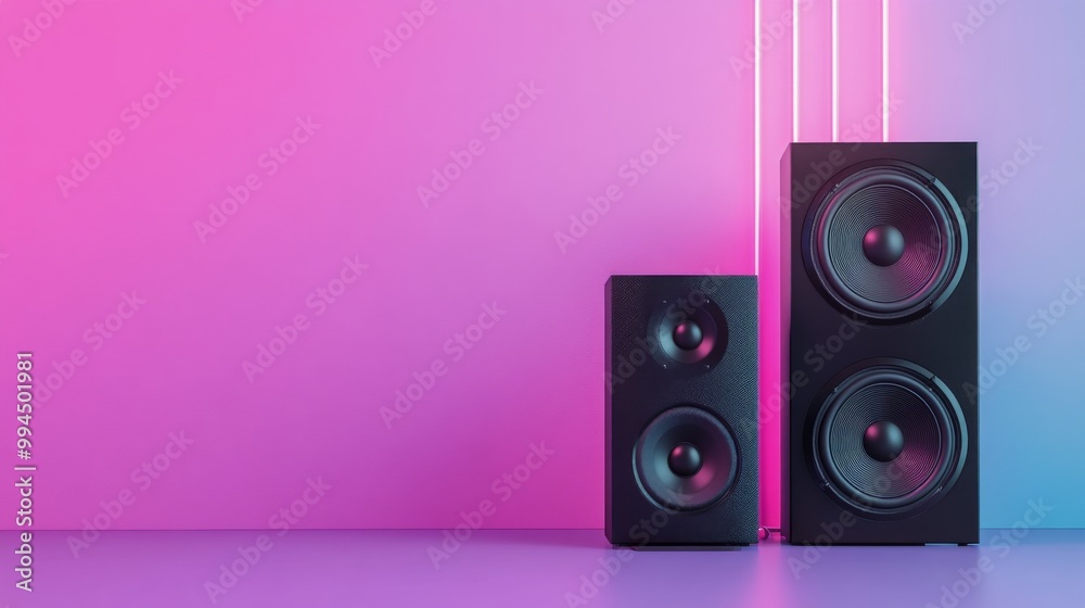 Stylish audio speakers illuminated by colorful neon lights in a modern setting Stylish audio speakers illuminated by colorful neon lights in a modern setting