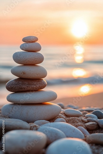 Balanced stones stacked on the beach with a beautiful sunset in the background