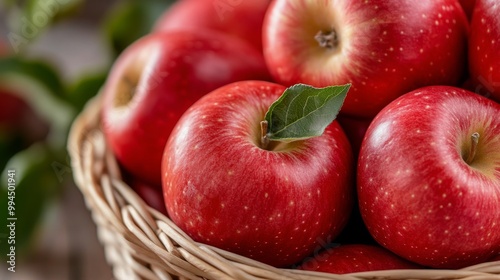 Fresh red apples in a woven basket at a local market during autumn harvest se...
