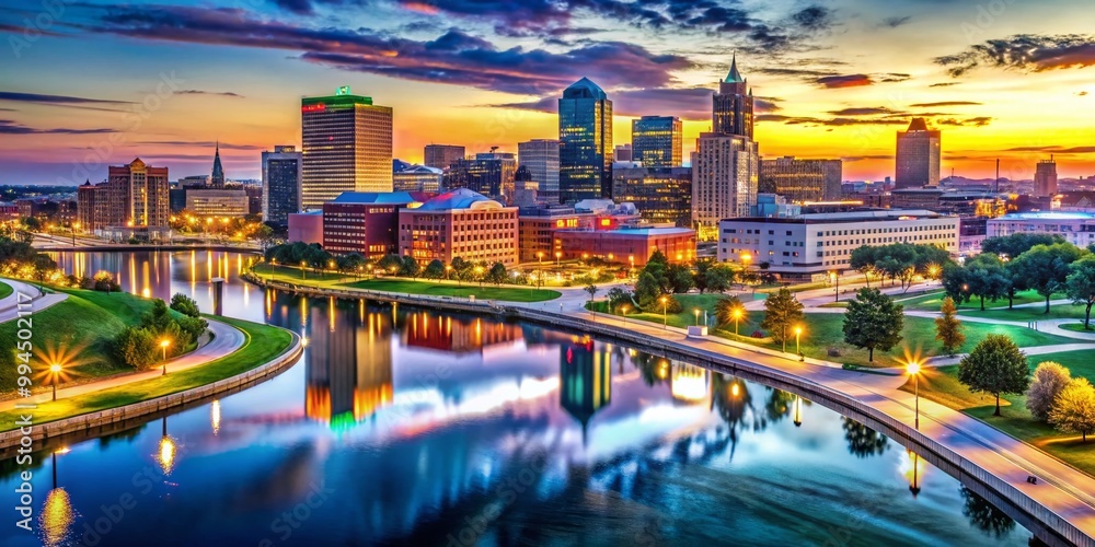 Obraz premium Stunning Skyline View of Des Moines, Iowa at Dusk with Vibrant Colors and City Lights Reflected