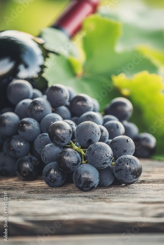Freshly harvested grapes and red wine on rustic wooden table ready for tastin...