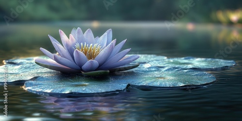 Close-up of a vibrant purple water lily in full bloom on a serene pond, surrounded by green lily pads. Calm water reflections, peaceful garden setting, perfect for zen, meditation, and tranquility photo