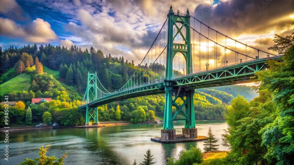 Stunning St. Johns Bridge in Portland, Oregon with Lush Greenery and Calm Waters Below Stunning St. Johns Bridge in Portland, Oregon with Lush Greenery and Calm Waters Below