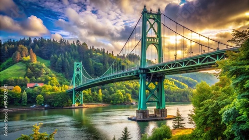 Stunning St. Johns Bridge in Portland, Oregon with Lush Greenery and Calm Waters Below photo