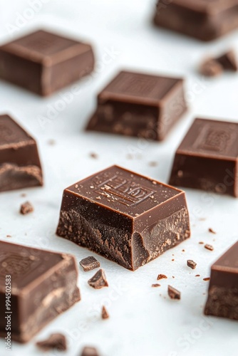 Delicious dark chocolate squares arranged on a marble surface with scattered ...
