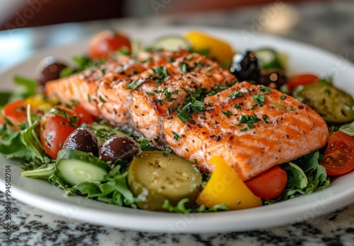 Salad of smoked salmon with sesame vinaigrette dressing served on white plates