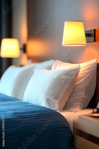 Cozy bedroom with soft pillows and warm lighting in a modern urban hotel setting