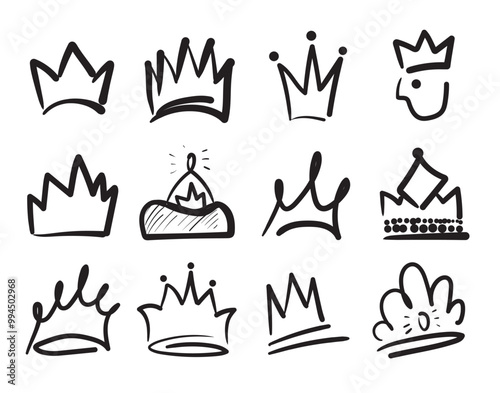 Black crown doodle elements isolated on white background. Set of sketchy crowns vector illustration. Hand drawn imitation set