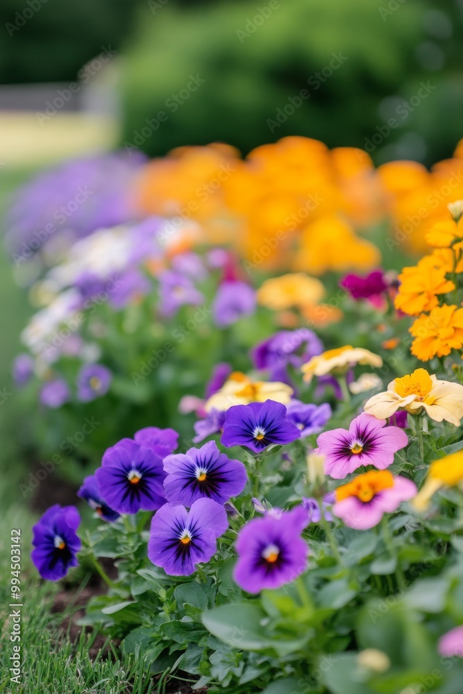 Vibrant flower bed featuring a mix of purple, orange, and yellow blooms in a lush garden Vibrant flower bed featuring a mix of purple, orange, and yellow blooms in a lush garden
