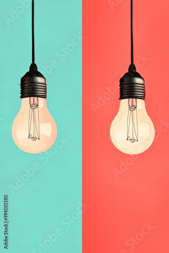 Two light bulbs glowing softly against a colorful, blurred background with bokeh effects