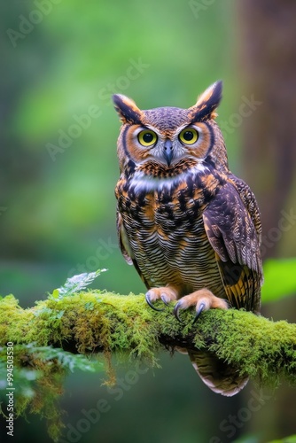 Majestic owl perched on a mossy branch in a lush forest during a serene morning