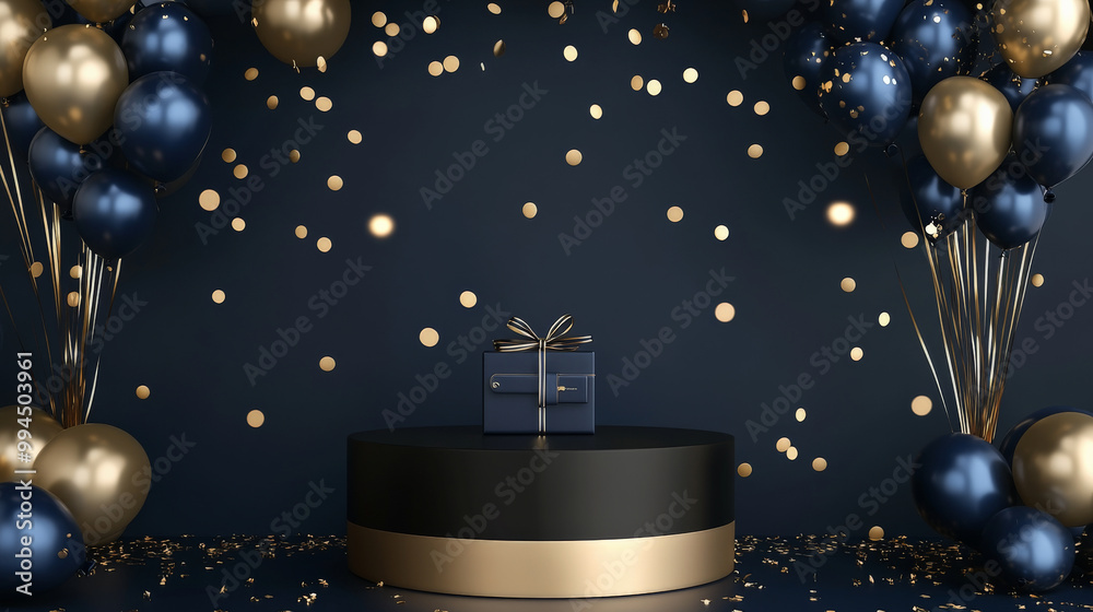 A sleek black podium surrounded by navy and gold balloons, a gift box tied with a leather wallet, and confetti for a stylish Father's Day party. A sleek black podium surrounded by navy and gold balloons, a gift box tied with a leather wallet, and confetti for a stylish Father's Day party.