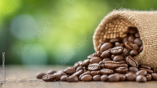 Freshly roasted coffee beans spill from a burlap sack on a wooden table outdo...