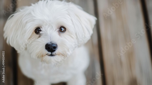 Adorable white dog sits on wooden floor, gazing curiously at the camera in br...