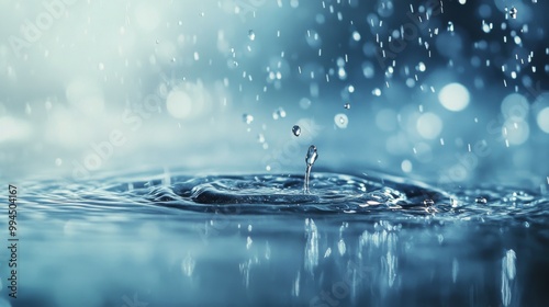 Raindrops creating ripples on water surface under soft glowing lights during ...