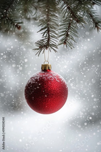 A vivid red Christmas ornament hanging from a snowy evergreen branch during w...