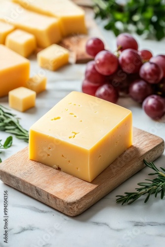 Delicious cheese varieties arranged on a wooden board with fresh grapes and h...
