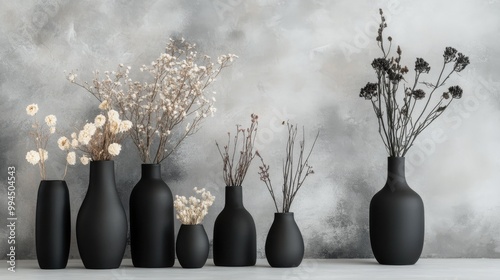 Elegant display of black vases with dried flowers on a neutral backdrop in a ...