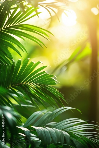 Lush green palm leaves shimmering in sunlight against a blurred natural backg...