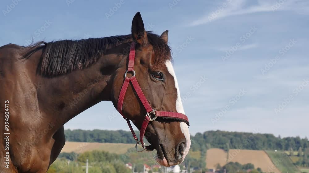 Closeup of a chestnut saddle horse on a pasture Closeup of a chestnut saddle horse on a pasture