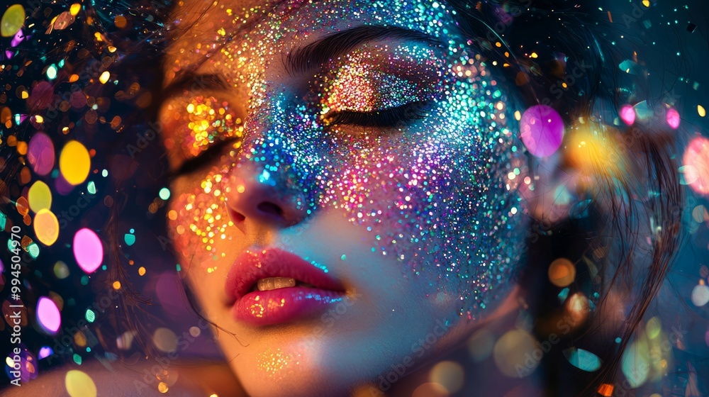 Enchanted by Glamour: Person Bedazzled with Glitter and Makeup in Colorful Light Swirl, Vanity Allure Concept Enchanted by Glamour: Person Bedazzled with Glitter and Makeup in Colorful Light Swirl, Vanity Allure Concept
