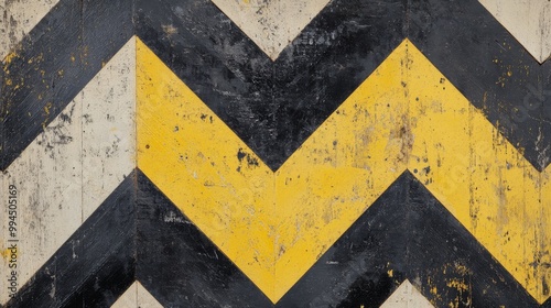 Zigzag pattern of black, yellow, and white chevrons on a weathered concrete s...