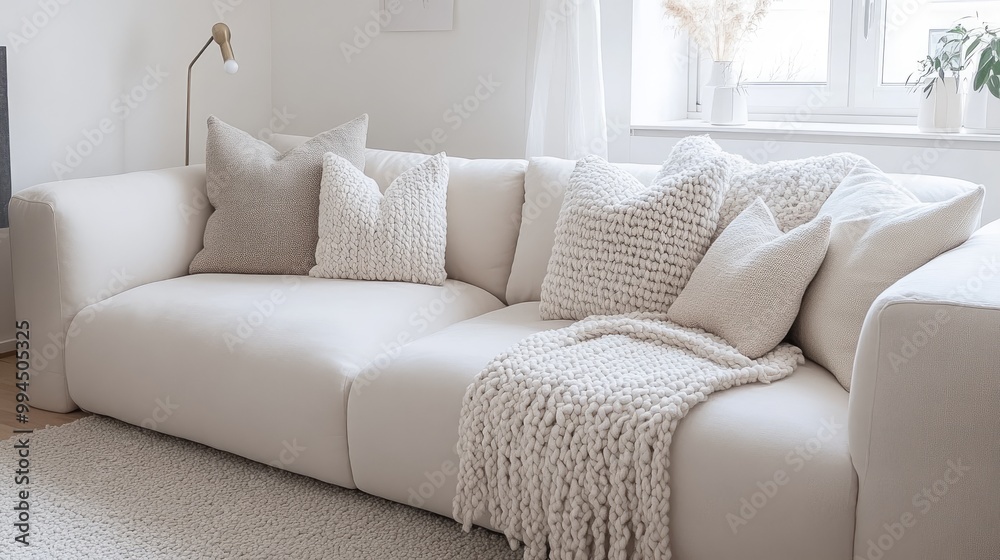 This cozy living room features a light grey couch with decorative pillows and a throw blanket, highlighted by a black chandelier and white cabinets in the background This cozy living room features a light grey couch with decorative pillows and a throw blanket, highlighted by a black chandelier and white cabinets in the background