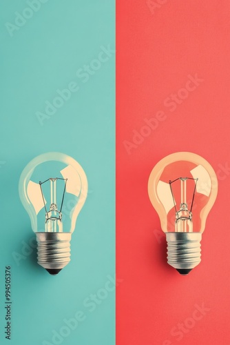 Two light bulbs glowing softly against a colorful, blurred background with bo...