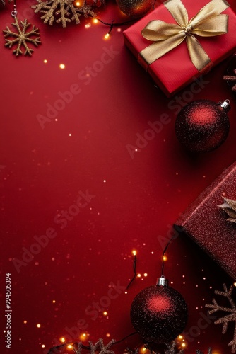 Festive arrangement of Christmas ornaments, a gift box, and snowflakes on a v...