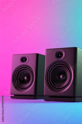 Two black speakers placed on a table with vibrant colored bokeh background at...