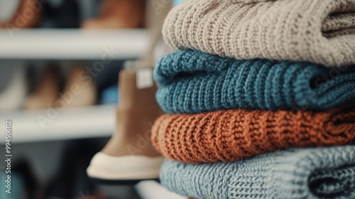 Stacks of cozy sweaters arranged neatly on a wooden shelf in a retail clothin...