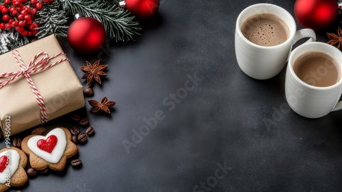 Cozy holiday setting with coffee, cookies, and festive decorations on a dark ...