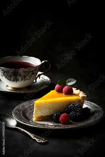 In a low key still life, homemade ricotta pie and frozen berries are served with silver spoons and karkade tea on a black background. photo