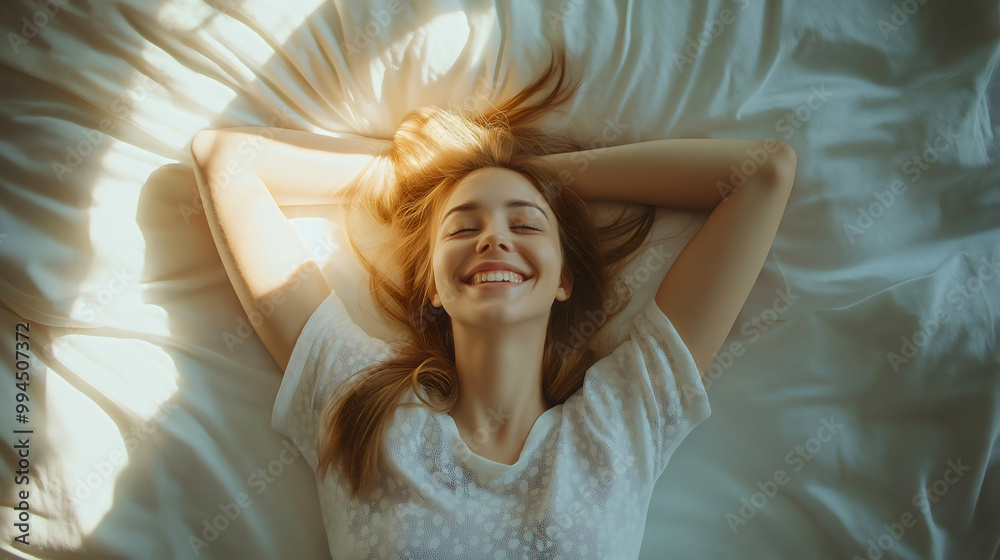 Happy young woman wakeup early, fresh morning energy, sunlit bedroom lifestyle, relaxed holiday awakening, healthy start to the day, harmonious sleep sunrise scene Happy young woman wakeup early, fresh morning energy, sunlit bedroom lifestyle, relaxed holiday awakening, healthy start to the day, harmonious sleep sunrise scene