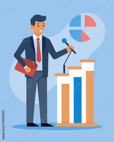 A politician giving a speech on their proposed economic policies citing data and projections to back up their claims.. Vector illustration