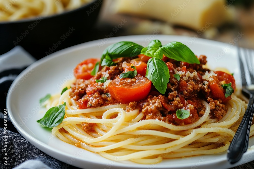 Tomato puree, cherry tomatoes, and basil on top of spaghetti Tomato puree, cherry tomatoes, and basil on top of spaghetti