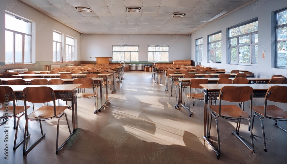  A large, empty classroom with wooden chairs. 