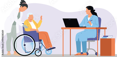 Doctors chamber with patient in doctor's room at medical and elderly patient in a wheelchair is assisted by a nurse to patient care, elderly assistance, and medical consultation in healthcare setting.