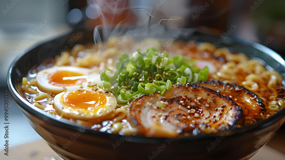 A bowl of ramen with rich broth, noodles, and a soft-boiled egg, captured using an ultra HD camera with a ring light for even illumination A bowl of ramen with rich broth, noodles, and a soft-boiled egg, captured using an ultra HD camera with a ring light for even illumination