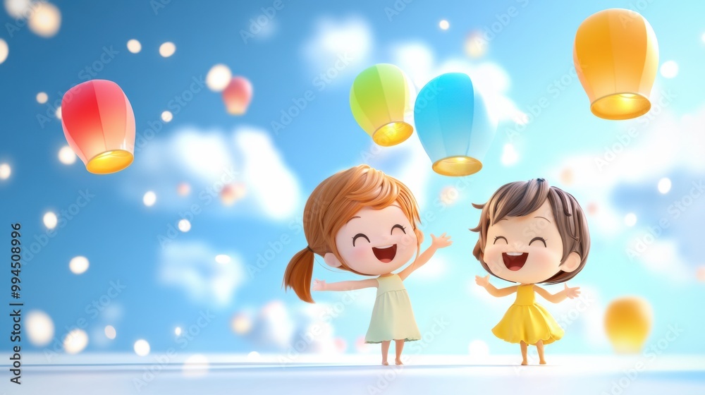 Happy Children Celebrating with Colorful Lanterns Happy Children Celebrating with Colorful Lanterns