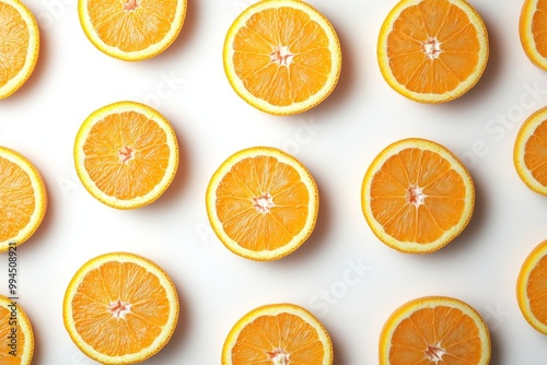 Fresh ripe oranges on white background in a flat lay composition.