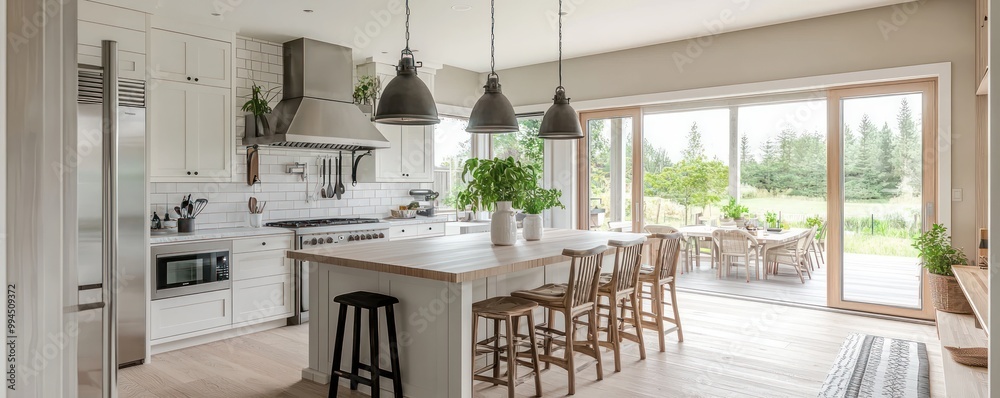 Airy Scandinavian kitchen with a functional layout, featuring a central ...