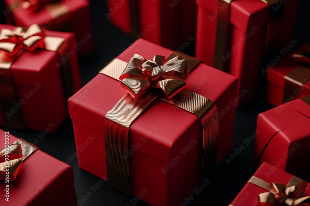 Red present boxes adorned with gold ribbons resting on a sparkling black backdrop create a festive atmosphere for celebrations Red present boxes adorned with gold ribbons resting on a sparkling black backdrop create a festive atmosphere for celebrations