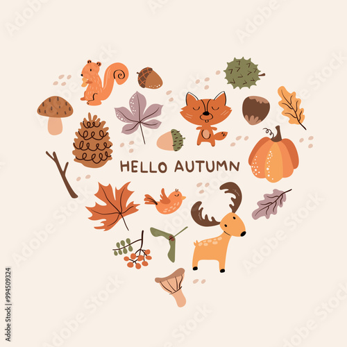 Hell autumn heart illustration. Natural elements, acorns, deer, squirrel, fox, bird, chestnuts, cones, mushrooms and leaves.