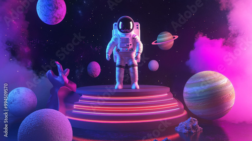 A futuristic podium with floating astronaut figures, space-themed lights, and planets, against a backdrop of galaxies for a spectacular World Space Week celebration. photo