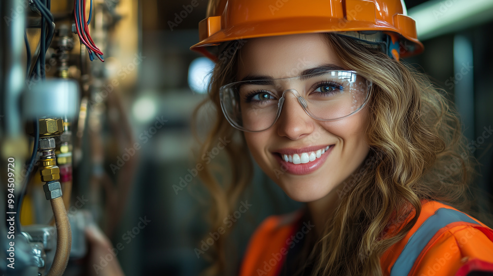 A smiling woman electrician wearing glasses and an orange vest is working with wires in the background of her workplace A smiling woman electrician wearing glasses and an orange vest is working with wires in the background of her workplace