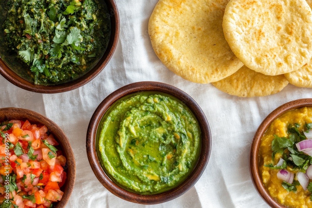 On corn roti flatbread, avocado with tahini and greek yogurt sauce with roasted tomatillo salsa. On corn roti flatbread, avocado with tahini and greek yogurt sauce with roasted tomatillo salsa.