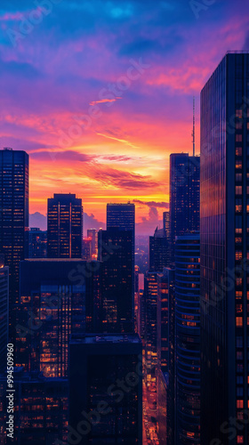 Cityscape at vibrant sunset, urban skyscrapers silhouette, modern downtown twilight, glowing financial district skyline, illuminated metropolis building architecture, bustling city life at dusk