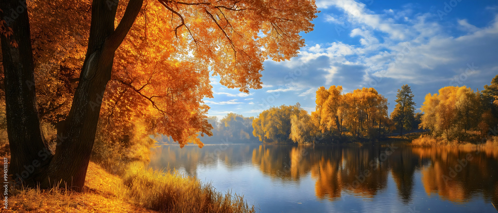 Autumn forest trees by tranquil river, fall landscape with lake water reflections, colorful foliage nature scene, scenic October woodland view, golden countryside beauty banner Autumn forest trees by tranquil river, fall landscape with lake water reflections, colorful foliage nature scene, scenic October woodland view, golden countryside beauty banner