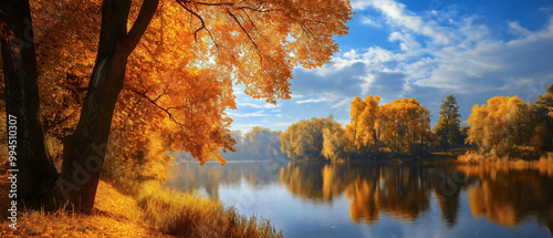 Autumn forest trees by tranquil river, fall landscape with lake water reflections, colorful foliage nature scene, scenic October woodland view, golden countryside beauty banner